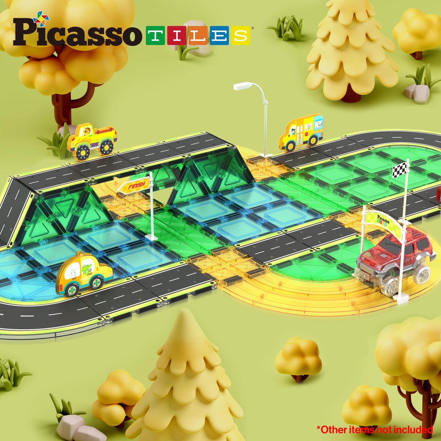 PicassoTiles Magnetic Car Track Set — 16 Printed Road Tiles for Creative STEM Play