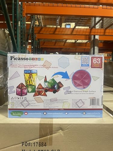 PicassoTiles 63-Piece Diamond Magnetic Tile Set with Car Truck – STEM Building Toy for Kids 3+