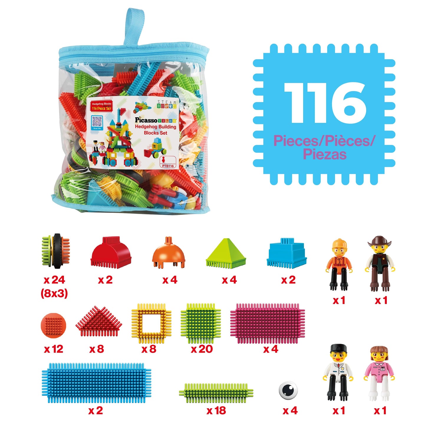PicassoTiles 116pc Hedgehog Building Blocks Toy Set – STEM Construction Kit for Kids 3+