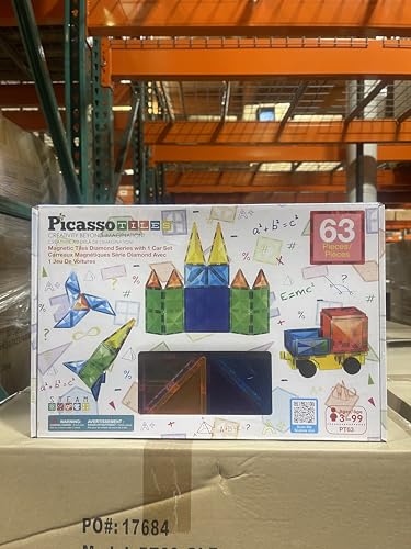 PicassoTiles 63-Piece Diamond Magnetic Tile Set with Car Truck – STEM Building Toy for Kids 3+