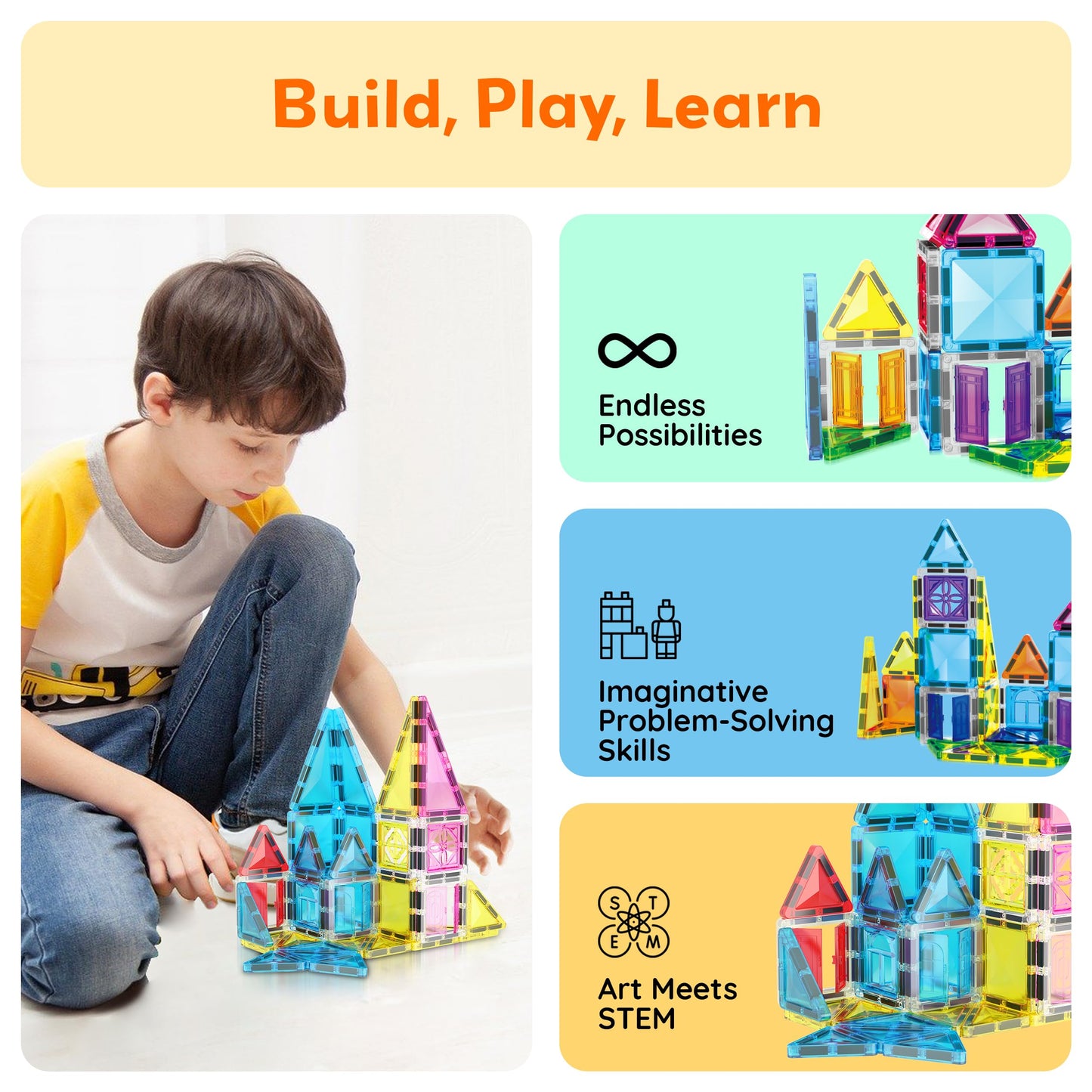 PicassoTiles 48-Piece Travel Magnet Tile Set with Doors & Windows | STEM Toy