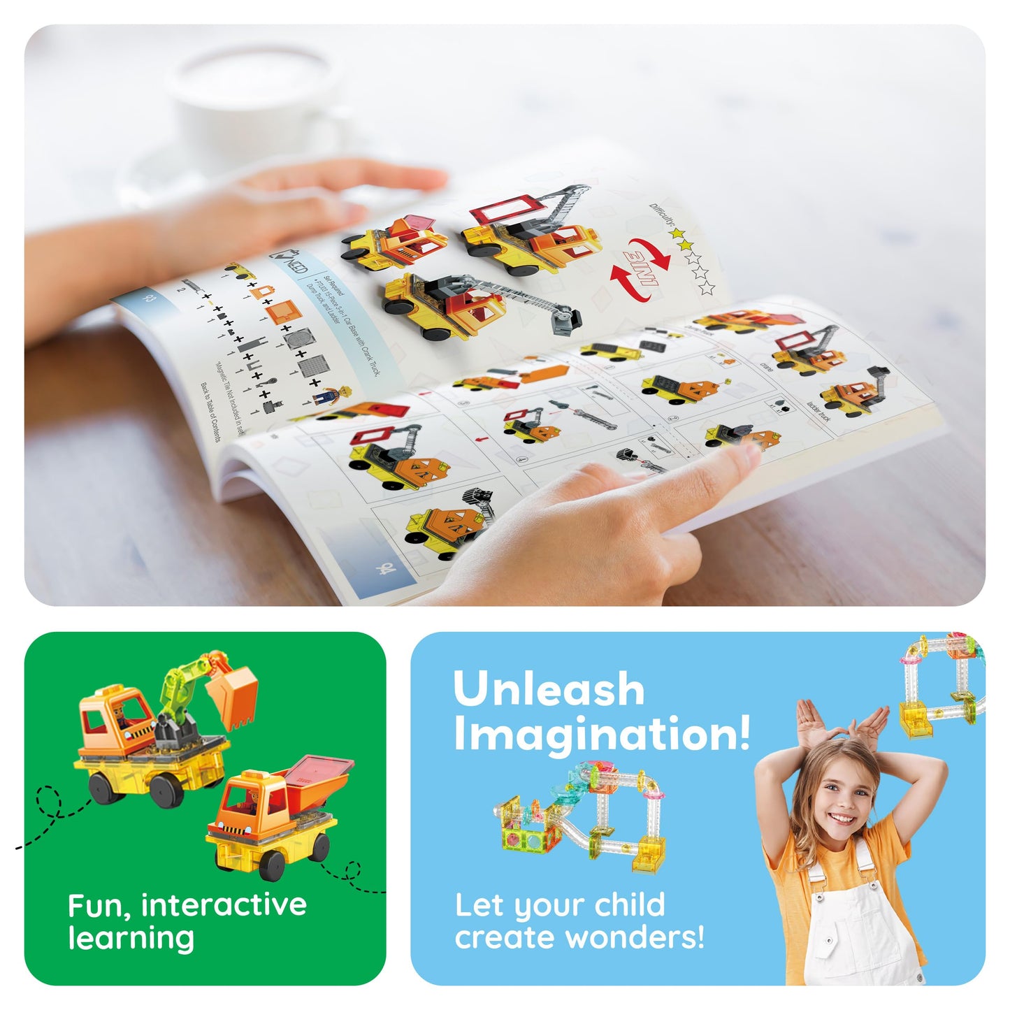PicassoTiles Magnetic Tile Building Idea Book – 230 Pages, 300+ Builds, STEM Design Guide | Ages 3+ | PTIDEABOOK