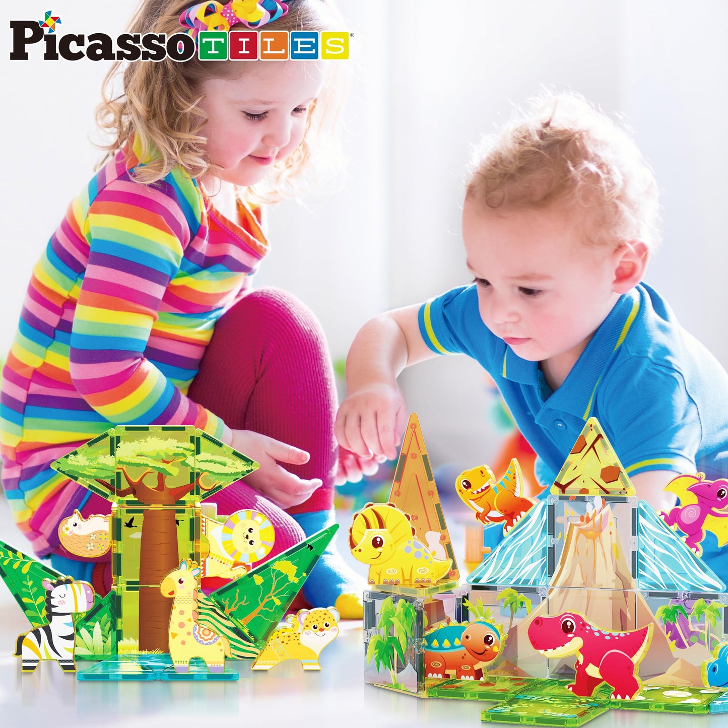PicassoTiles Magnet Tiles Set Safari Animals & Dinosaurs – 16 Action Figures, STEM Toys for Toddlers 3+, PTQ28