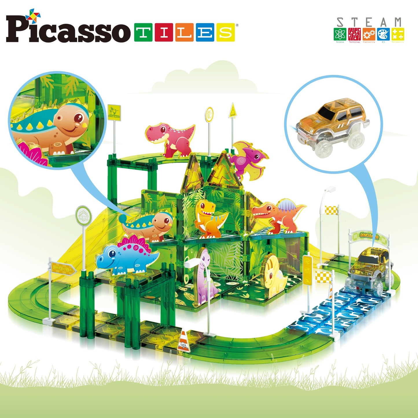 PicassoTiles Dinosaur Magnetic Tiles Racecar Track – 89-Piece Educational Building Blocks PTR02
