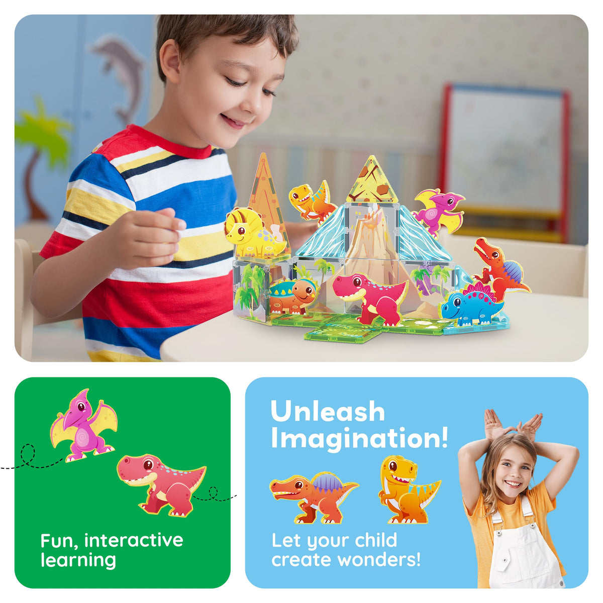 PicassoTiles Dinosaur Action Figures — Magnetic Dino Toys (8 Figures) for STEAM Play