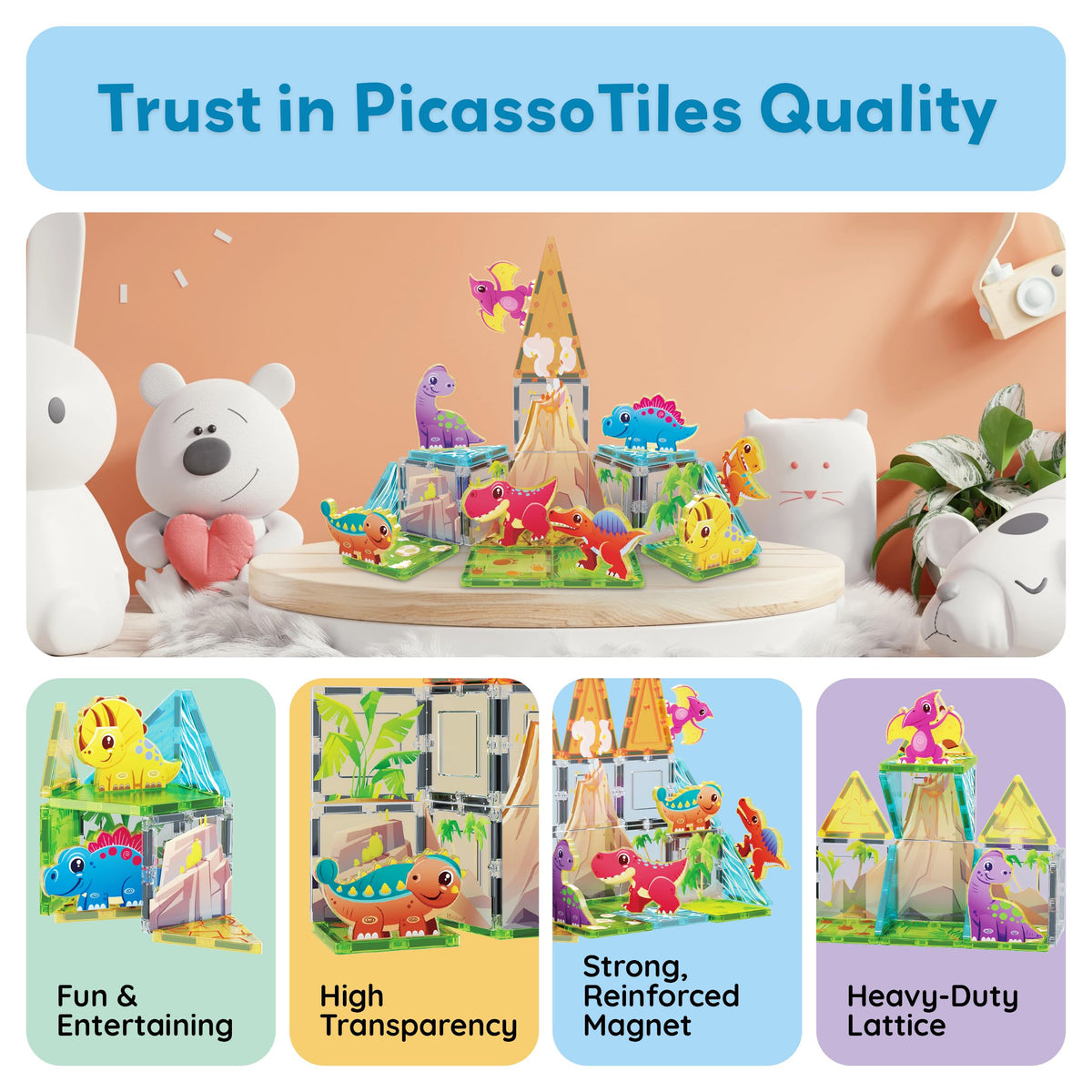 PicassoTiles Dinosaur Action Figures — Magnetic Dino Toys (8 Figures) for STEAM Play