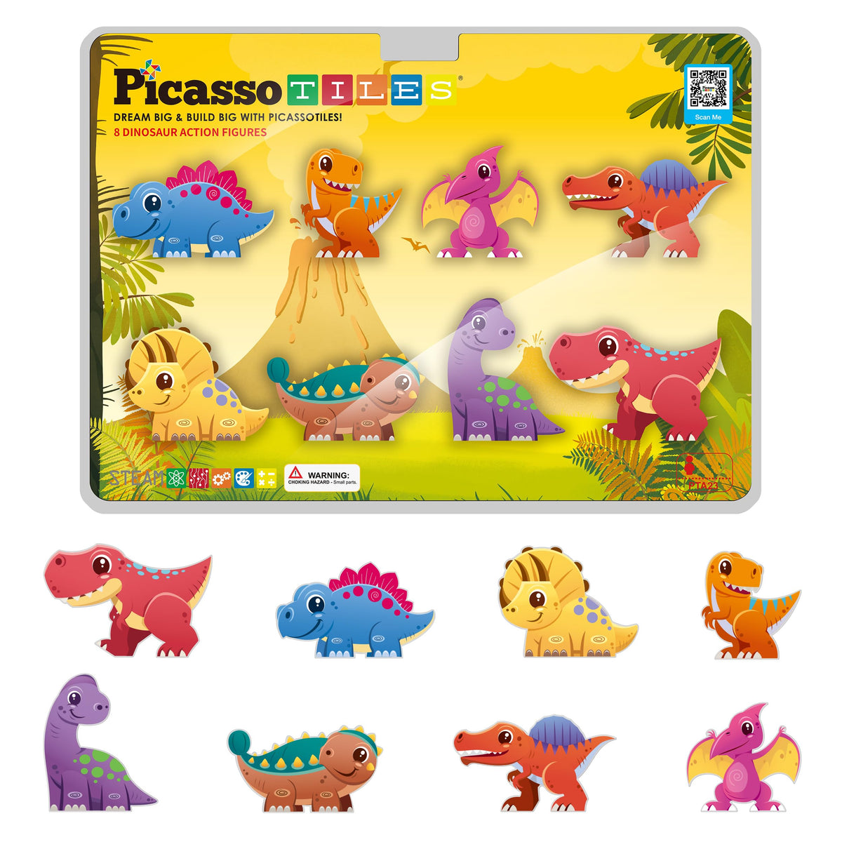PicassoTiles Dinosaur Action Figures — Magnetic Dino Toys (8 Figures) for STEAM Play