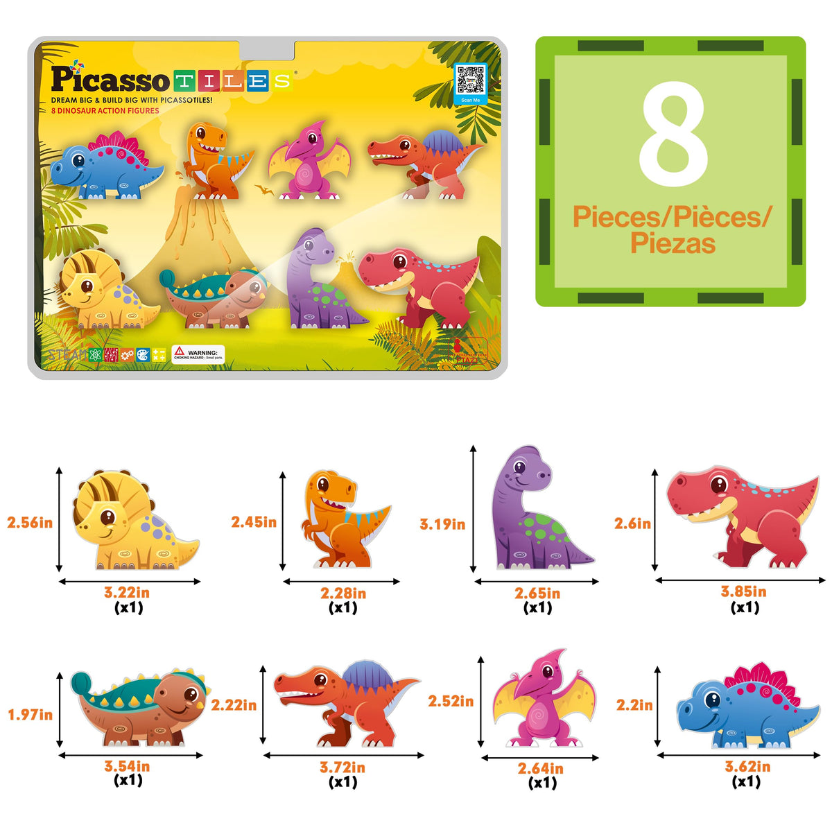 PicassoTiles Dinosaur Action Figures — Magnetic Dino Toys (8 Figures) for STEAM Play