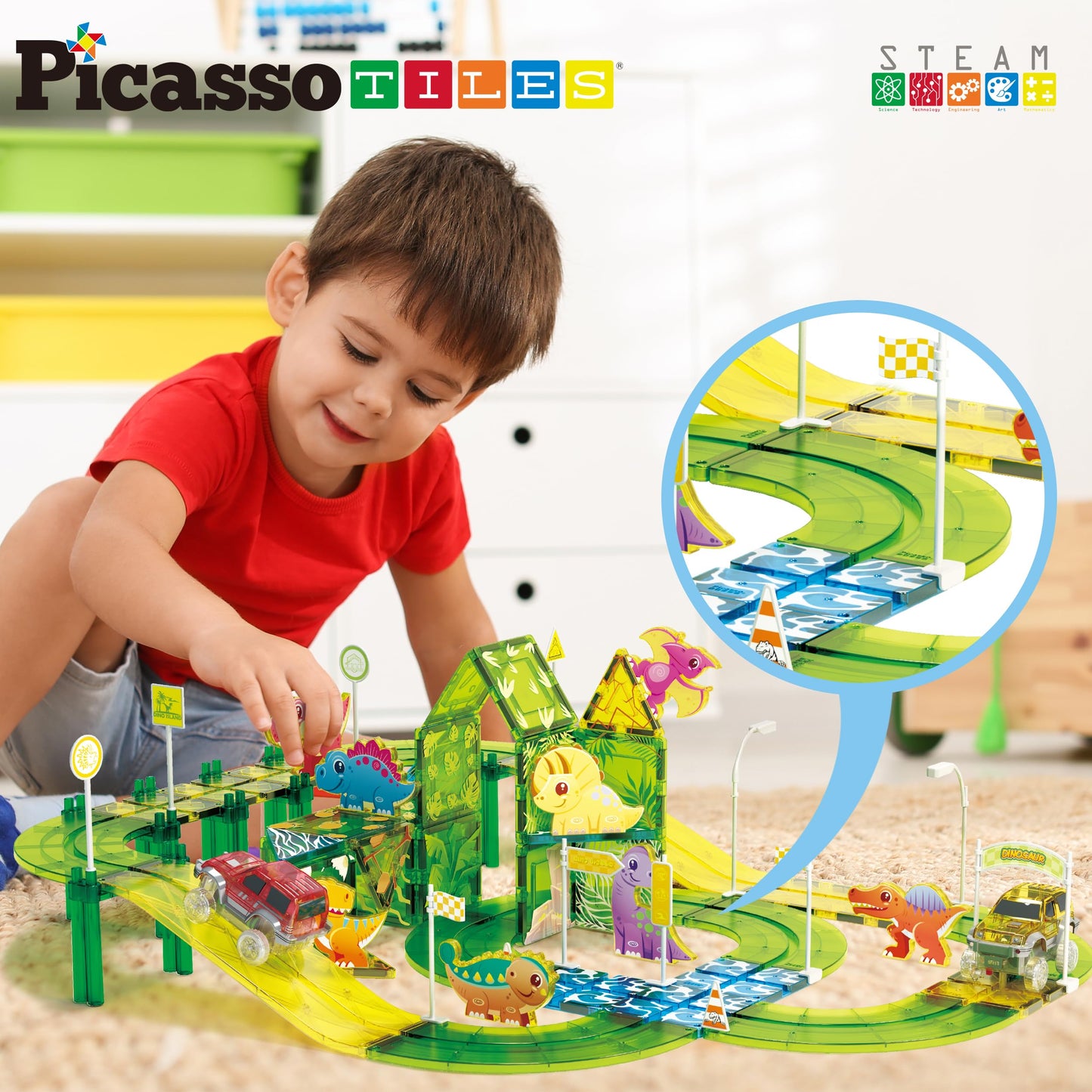 PicassoTiles Dinosaur Magnetic Tiles Racecar Track – 89-Piece Educational Building Blocks PTR02