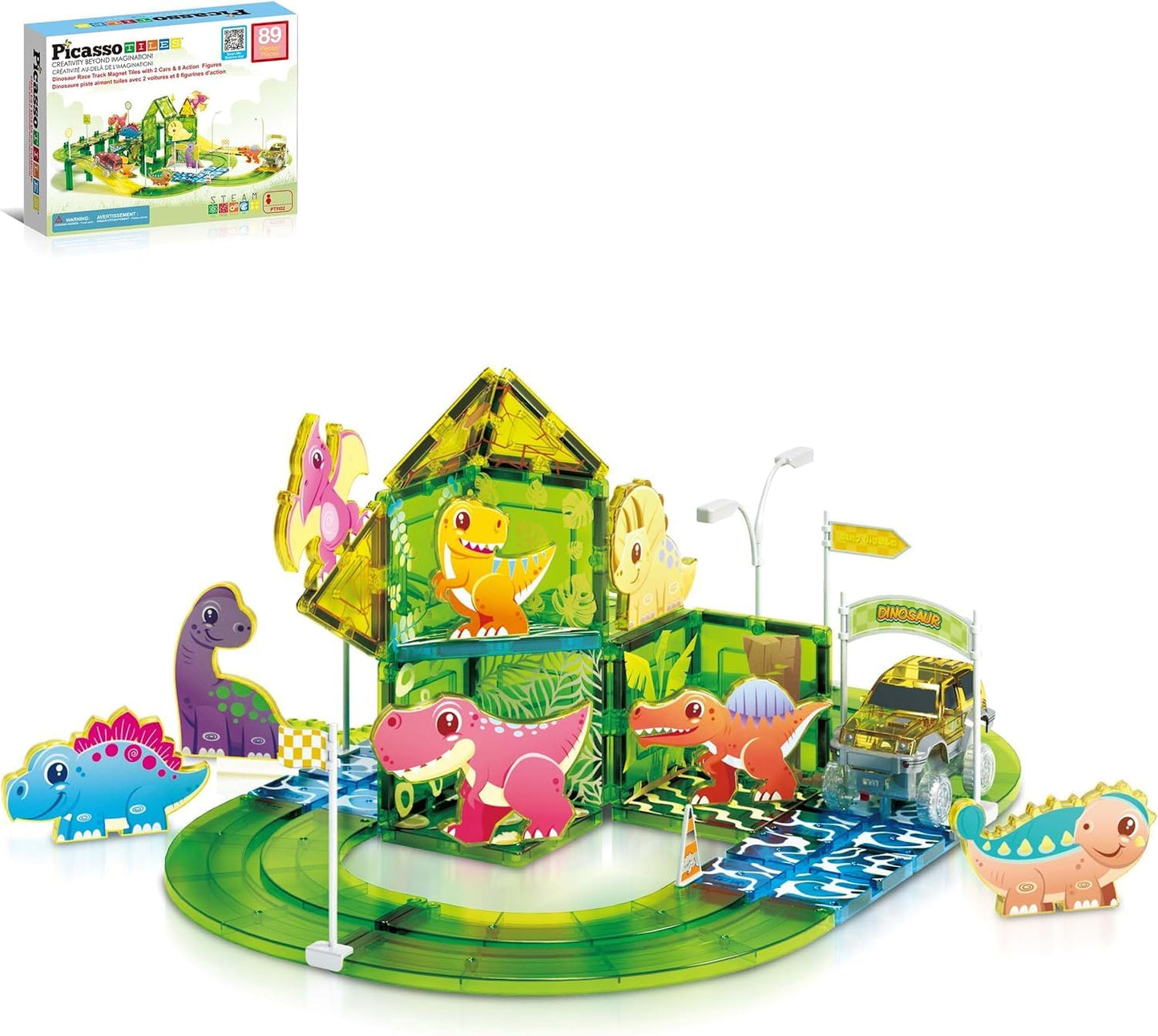 PicassoTiles Dinosaur Magnetic Tiles Racecar Track – 89-Piece Educational Building Blocks PTR02