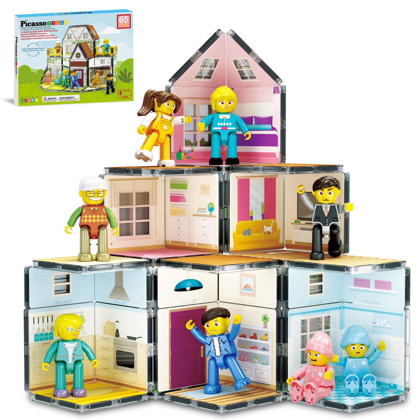 PicassoTiles Magnet Tile Family Homestead Doll House Playset with 8 Character Figures, Double-Sided Tiles, STEM Learning Kit PTQ06