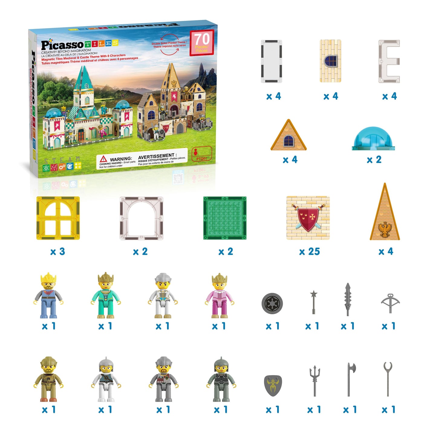 PicassoTiles 70pc Medieval Castle Magnetic Tile Set – 2in1 8 Figures | STEM Building Blocks for Kids 3+