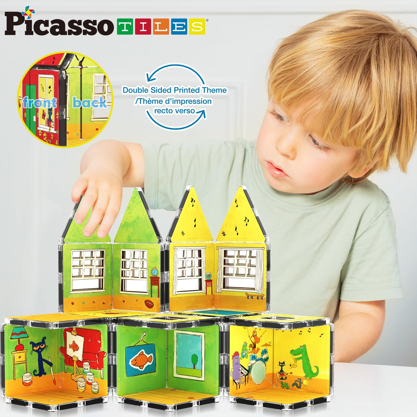 PicassoTiles Pete the Cat Home Theme Magnetic Tiles | STEM Building Blocks for Kids 3+