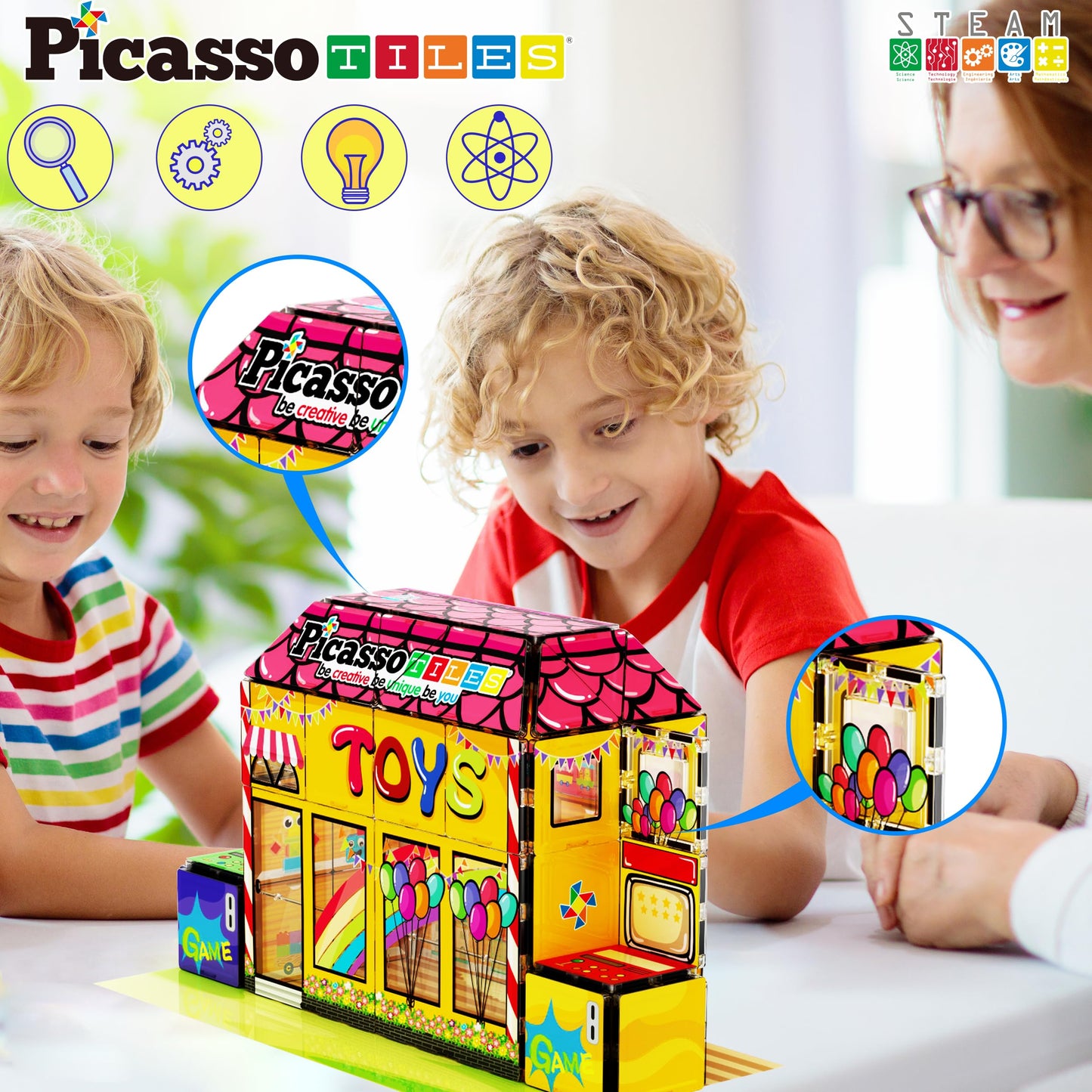 PicassoTiles 60pc Magnetic Toy Store Theme | Reconfigurable STEM Playset for Ages 3+ | PTQ50