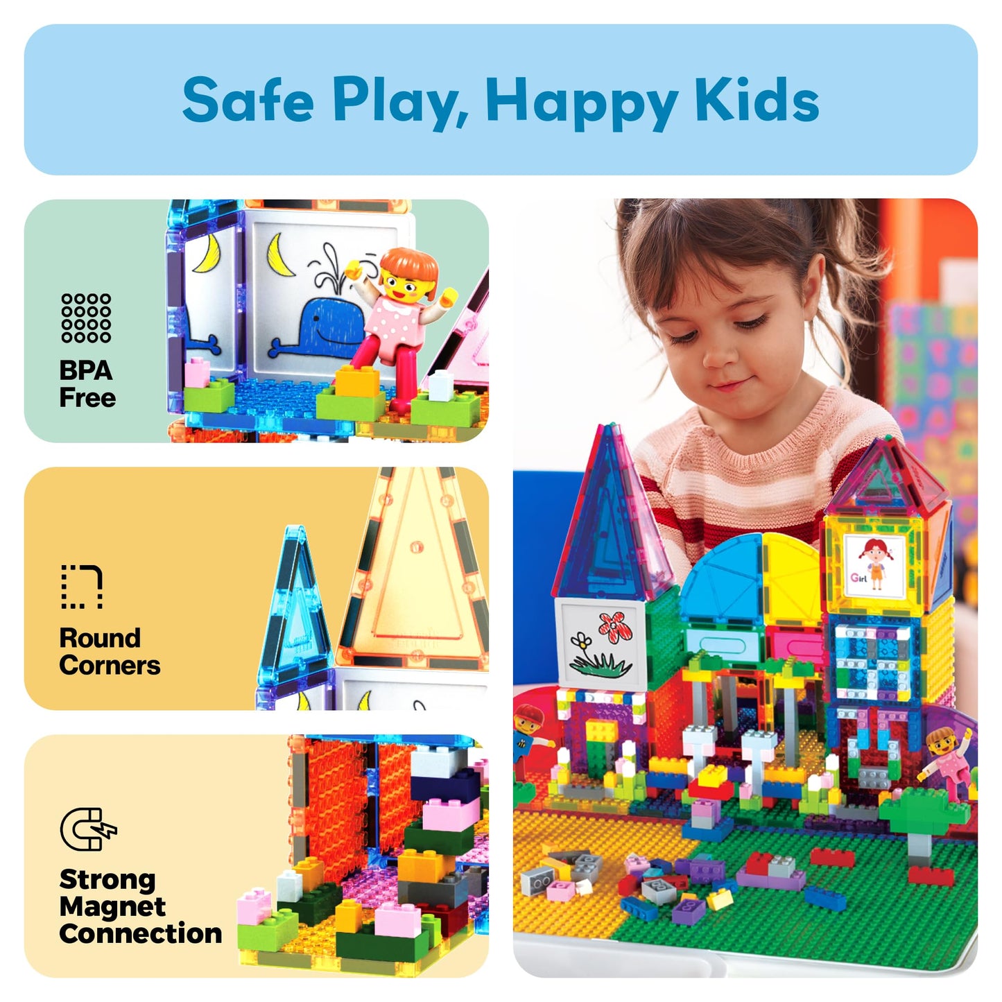 PicassoTiles 585pc Table Set: Magnetic Tiles, Bricks & Whiteboard Desk for STEM Play