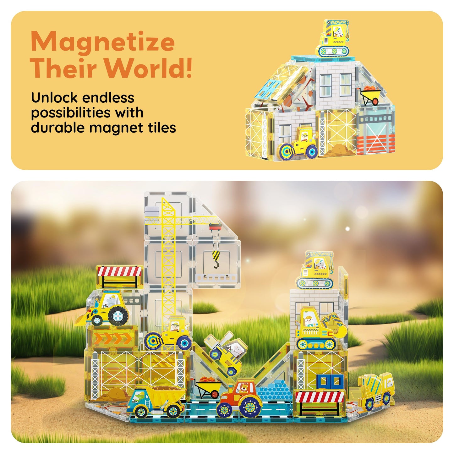 PicassoTiles Magnet Tiles: 8 Construction Vehicles STEM Building Set
