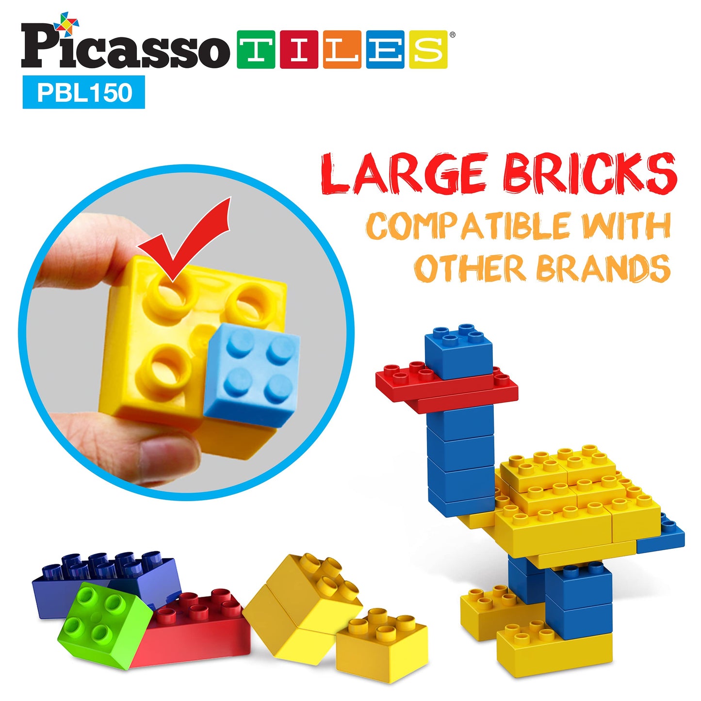 PicassoTiles 150-Piece Large Construction Brick Set | Creative STEM Play for Kids 3+