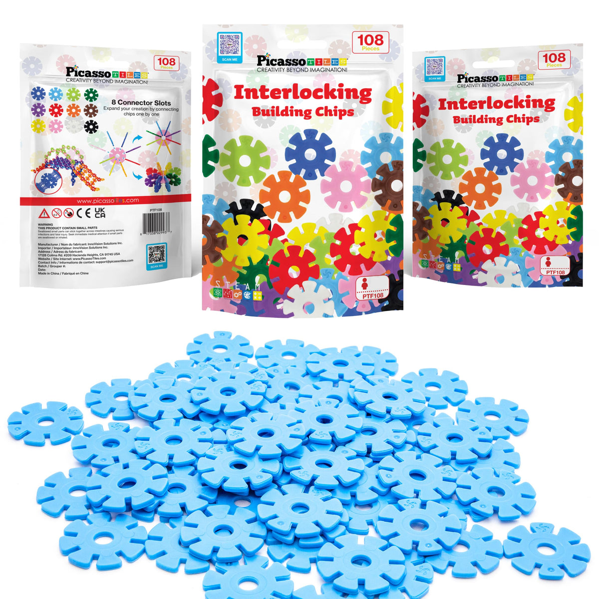 PicassoTiles Building Chip Interlocking Discs – Light Blue STEM Toy for Toddlers 3+ | PTF108