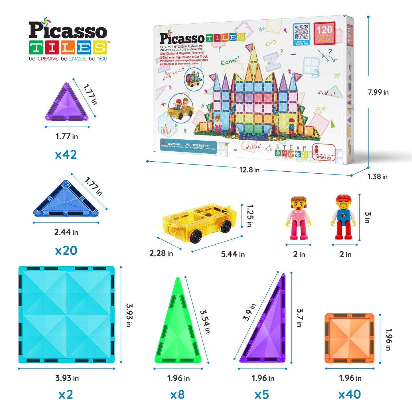 PicassoTiles 120pcs Mini Size Magnetic Tiles – Diamond Series STEM Toy
