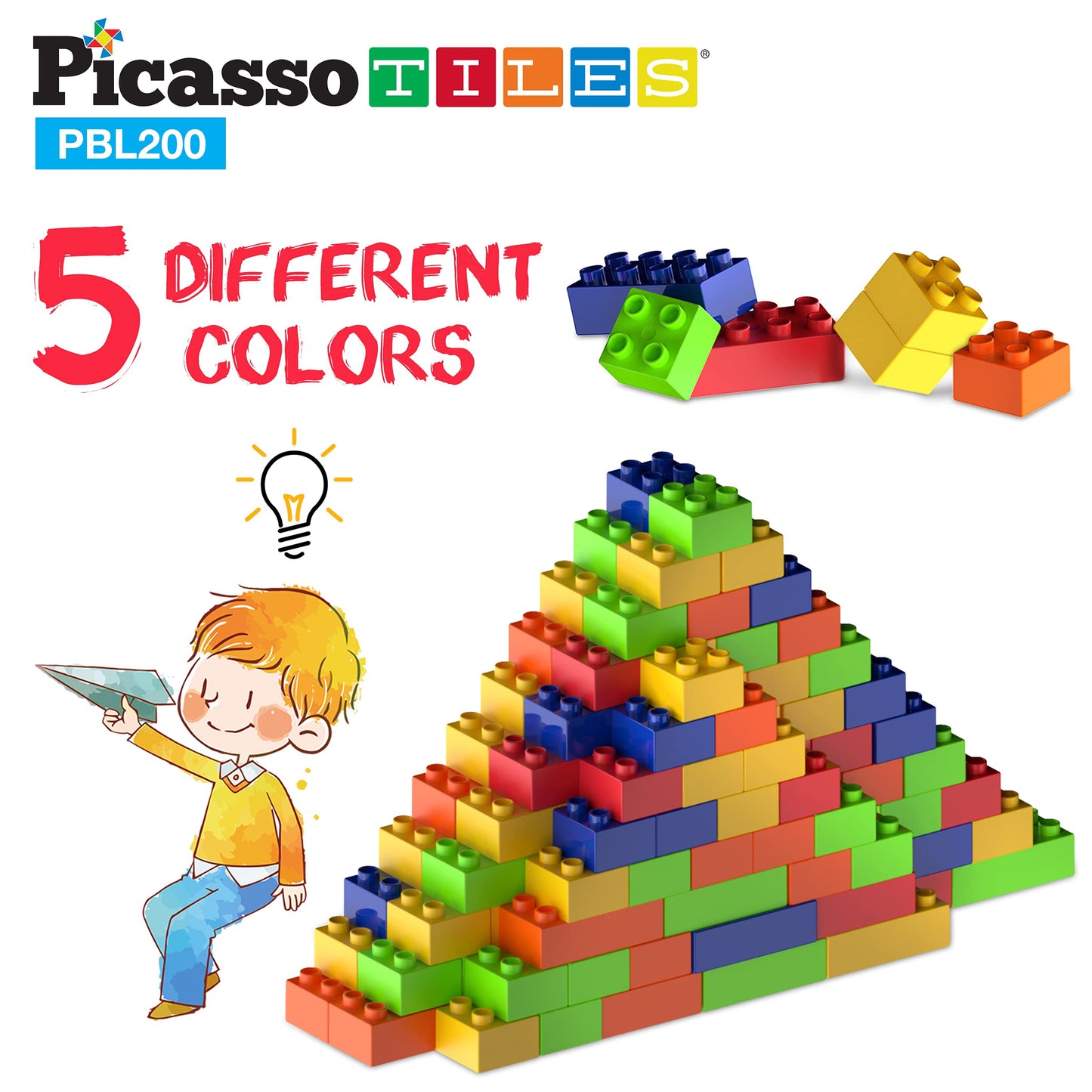 PicassoTiles 200-Piece Large Brick Set | Creative STEM Play for Kids 3+