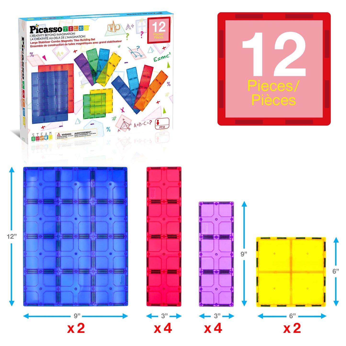PicassoTiles 12pc Supersized Magnetic Base Plate – Jumbo XL Foundation Stabilizers for Kids