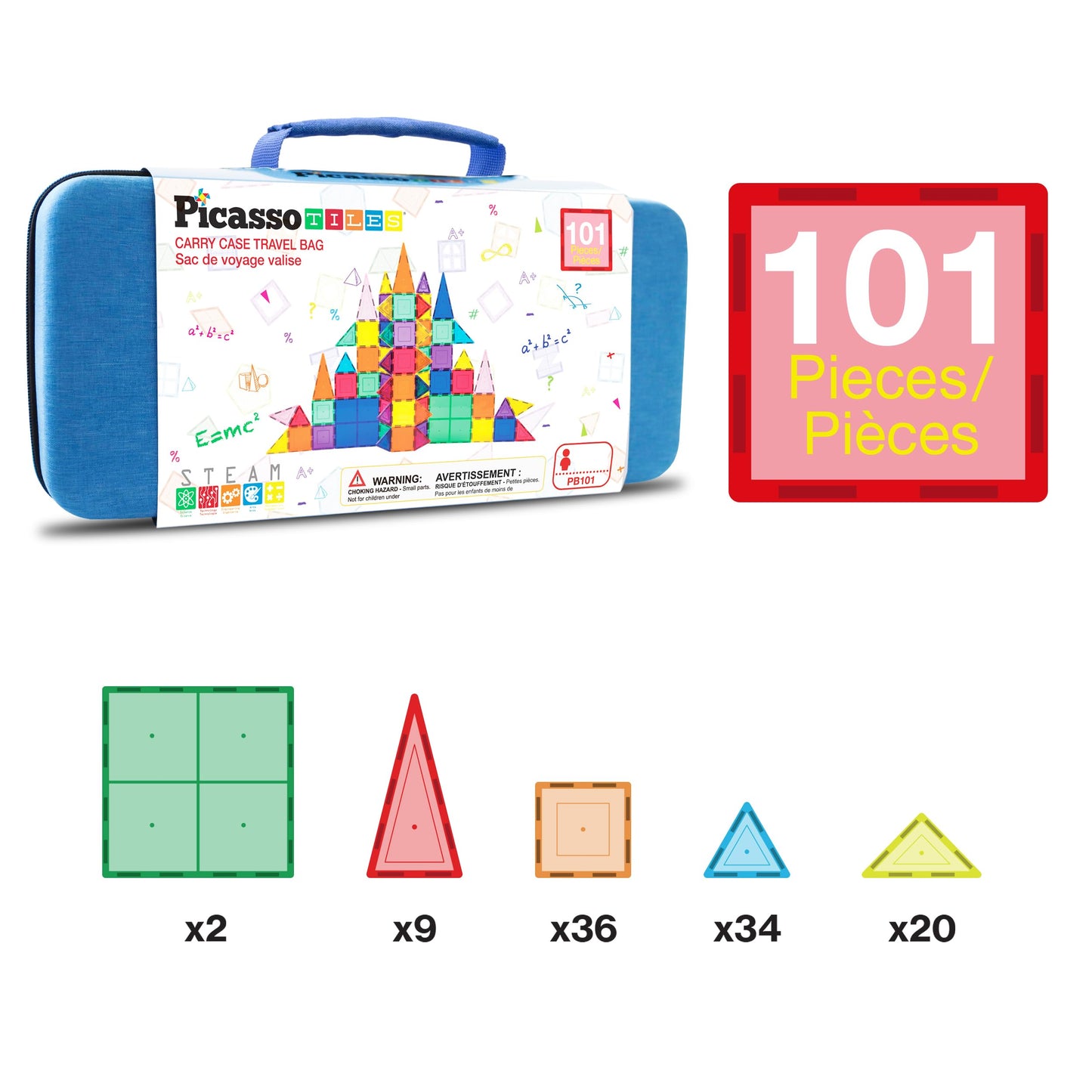 PicassoTiles Magnetic Tiles 101pcs – STEM Toy Set with Carry Case for Kids 3+