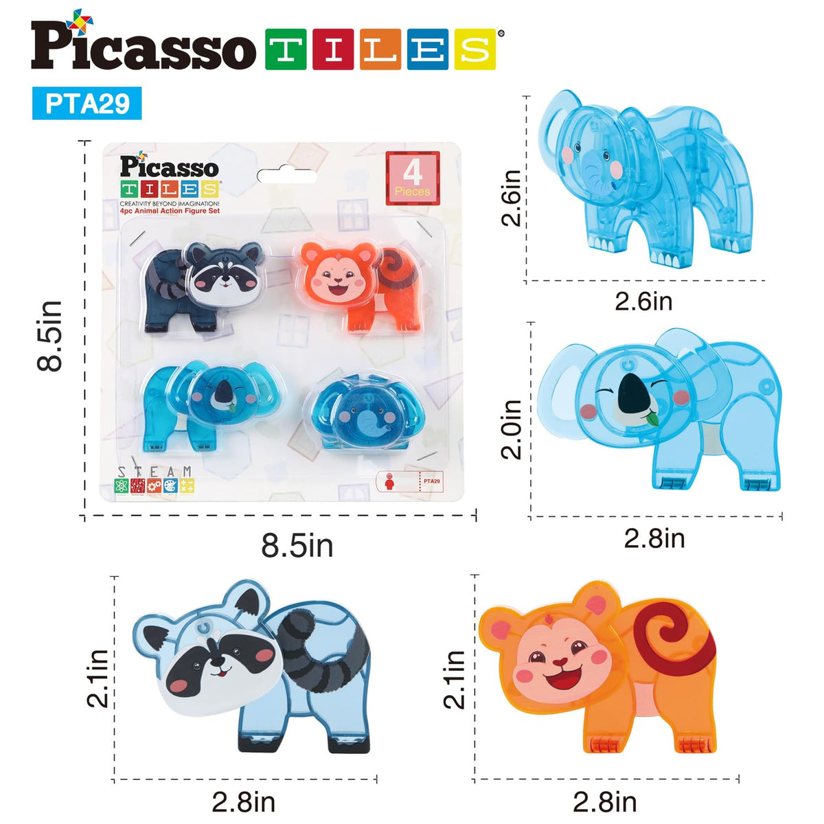 PicassoTiles Animal Friends Magnetic Tile Action Figures – Mix & Match STEM Toy for Ages 3+ PTA29