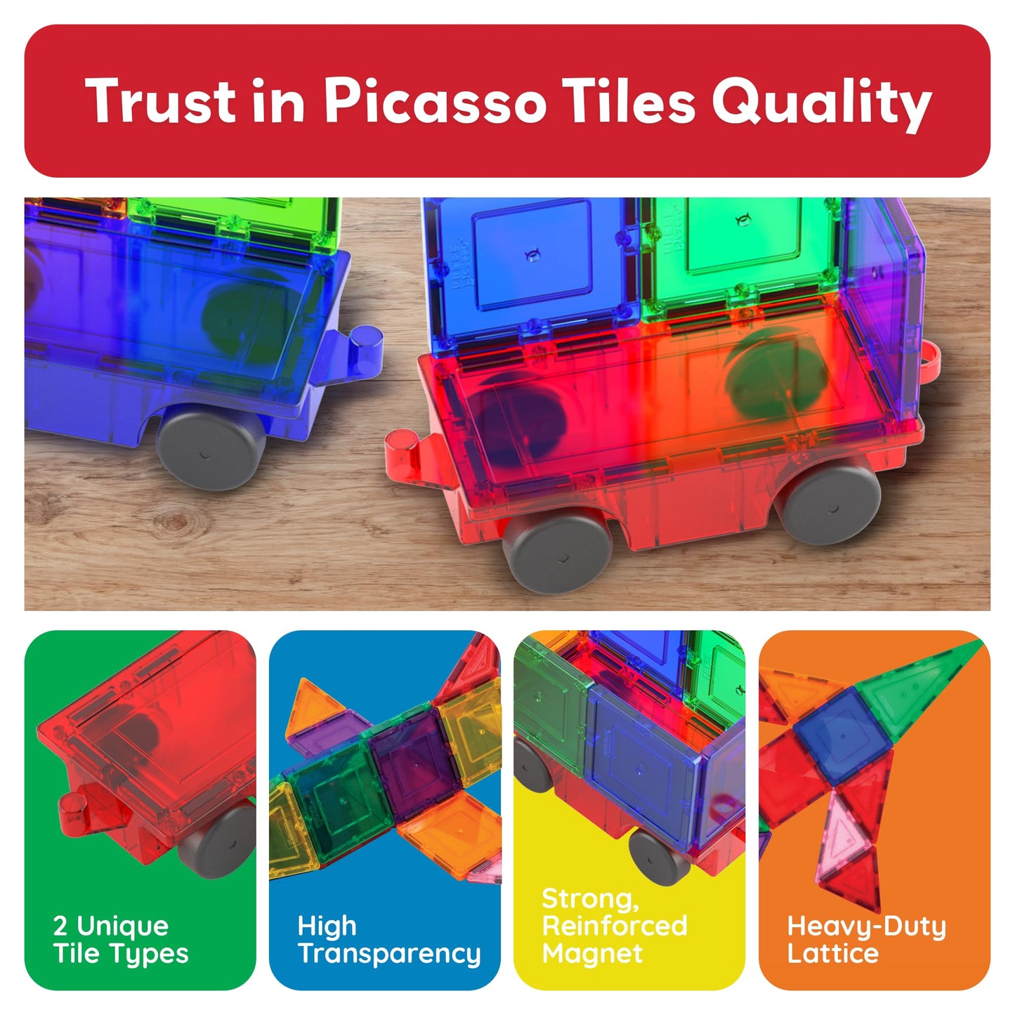 PicassoTiles 2 Piece Car Truck Construction Kit – Magnetic Blocks for STEM Learning, Reinforced Hitch & Long Bed