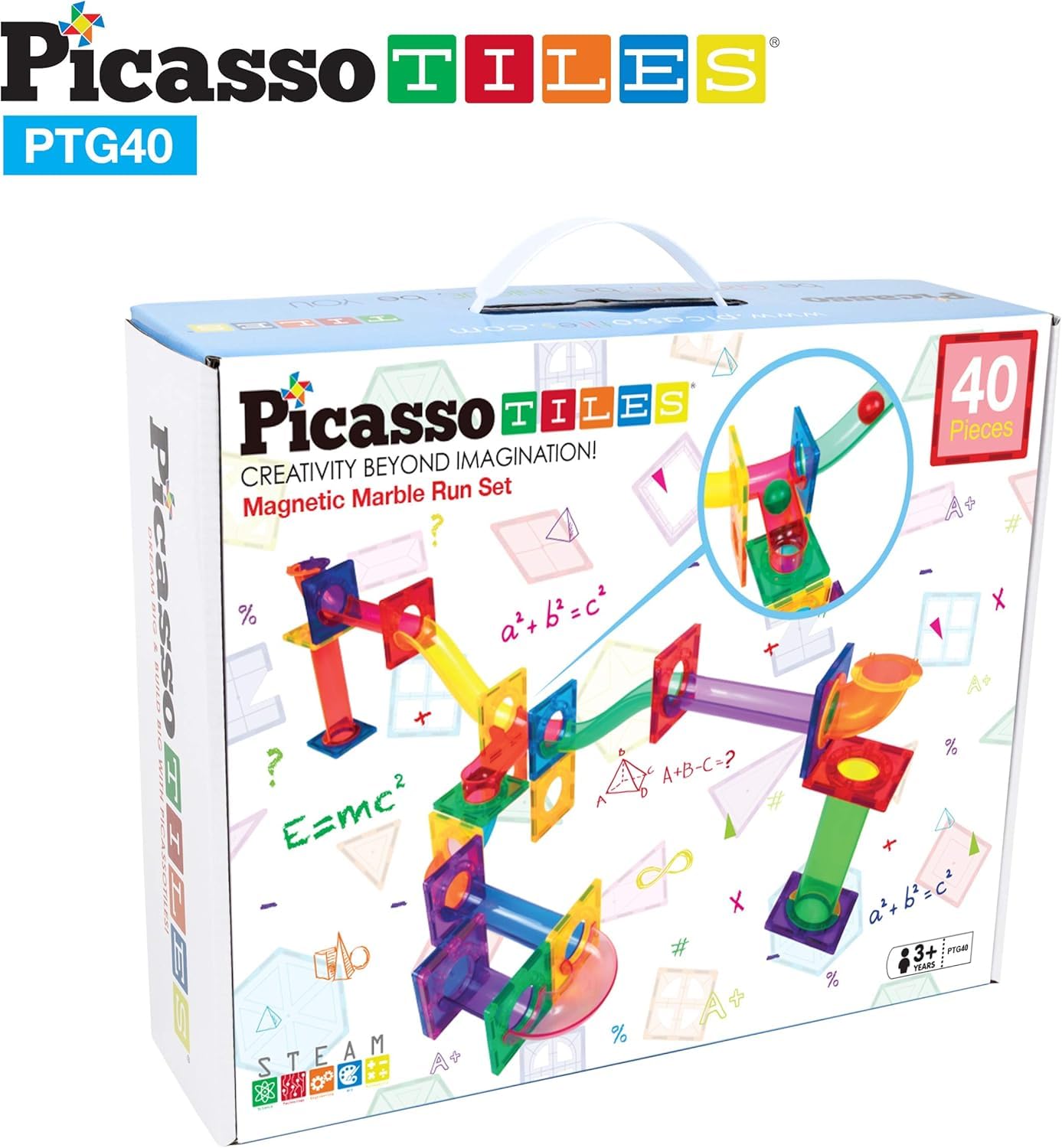 PicassoTiles Magnetic Marble Run Set – Rainbow Color Tiles, 40-Piece STEM Kit for Kids 3+