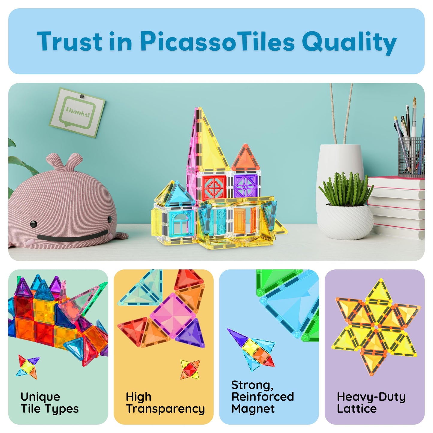 PicassoTiles 48-Piece Travel Magnet Tile Set with Doors & Windows | STEM Toy