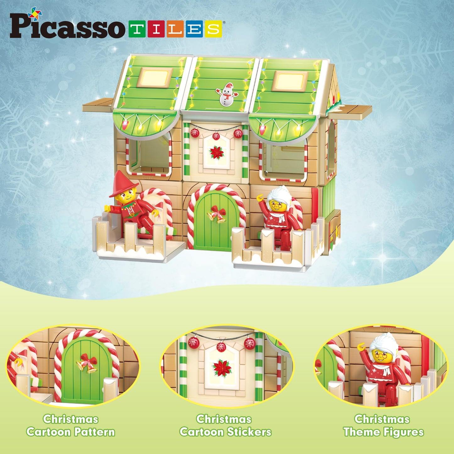 PicassoTiles Christmas Cottage Magnetic Tile Set PTQ08 – Santa, Elves & Nutcrackers