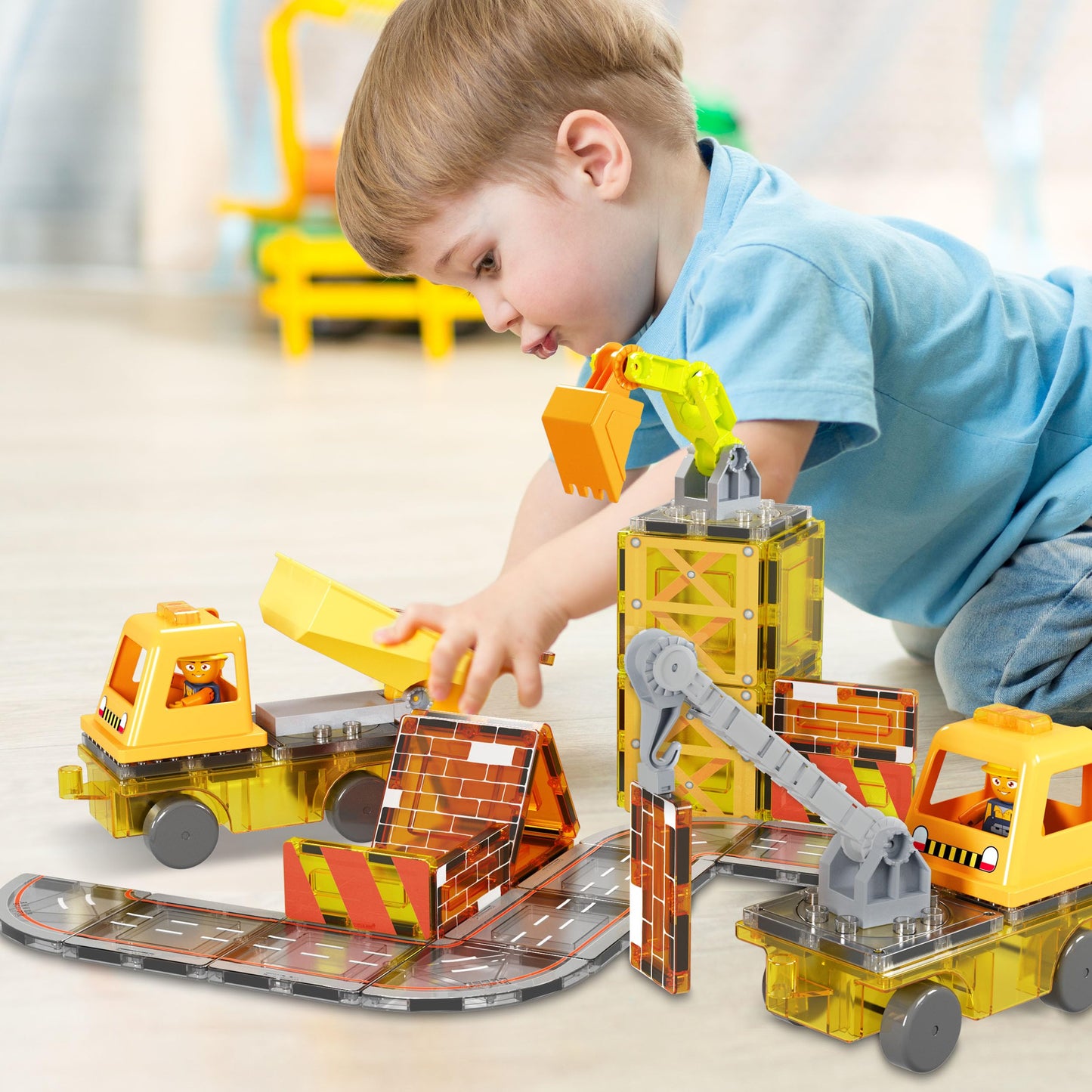 PicassoTiles 5-in-1 Magnetic Construction Vehicle Set – Crane, Ladder, Dump Truck, Excavator & Backhoe (Ages 3+)