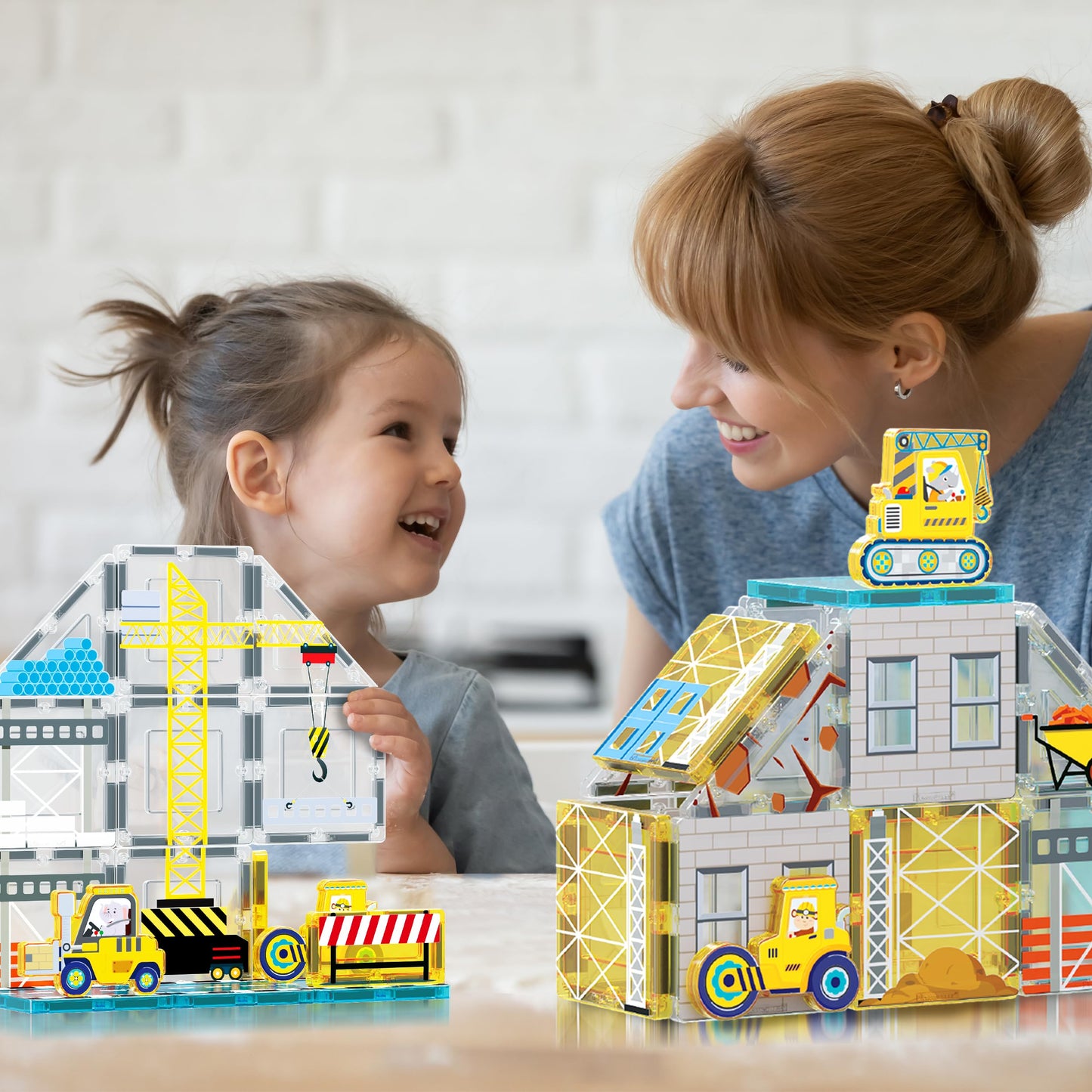 PicassoTiles Magnet Tiles: 8 Construction Vehicles STEM Building Set