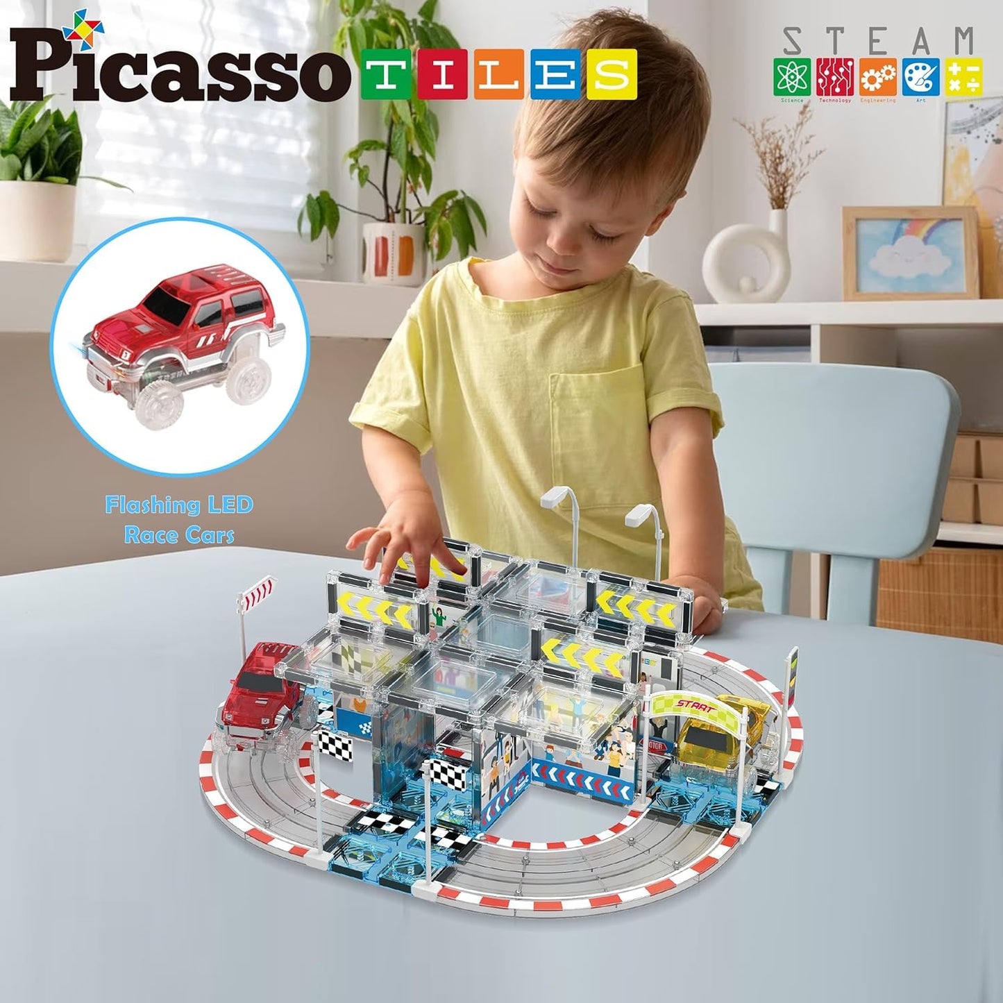 PicassoTiles Magnetic Race Track Set with 2 Trucks – STEM Building Toy PTQ05 | Kids 3+
