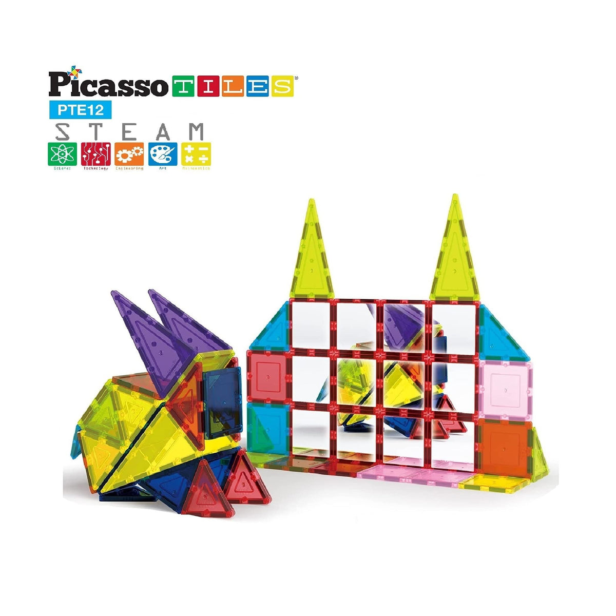 PicassoTiles Mirror Magnetic Building Tiles - 12-Piece Expansion Set for 3+ | Educational Magnetic Tiles