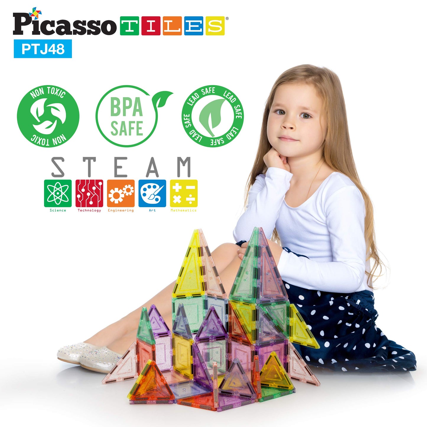 PicassoTiles Magnetic Tiles Blocks PTJ48 — Reflective Leaf Flakes STEM Building Set