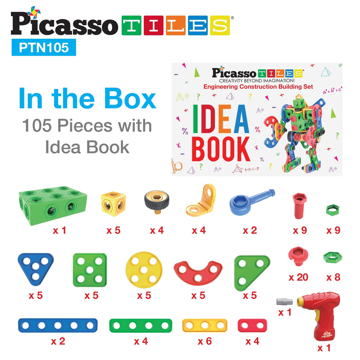 PicassoTiles 105-Piece STEM Building Set for Kids 3+ | Construction Kit with Idea Book & Power Drill