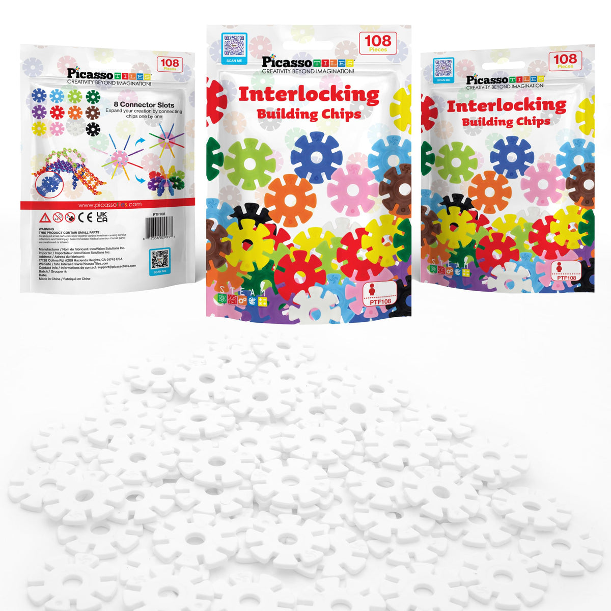PicassoTiles White Building Chip Interlocking Discs – STEM Construction Toy for Kids 3+ PTF108