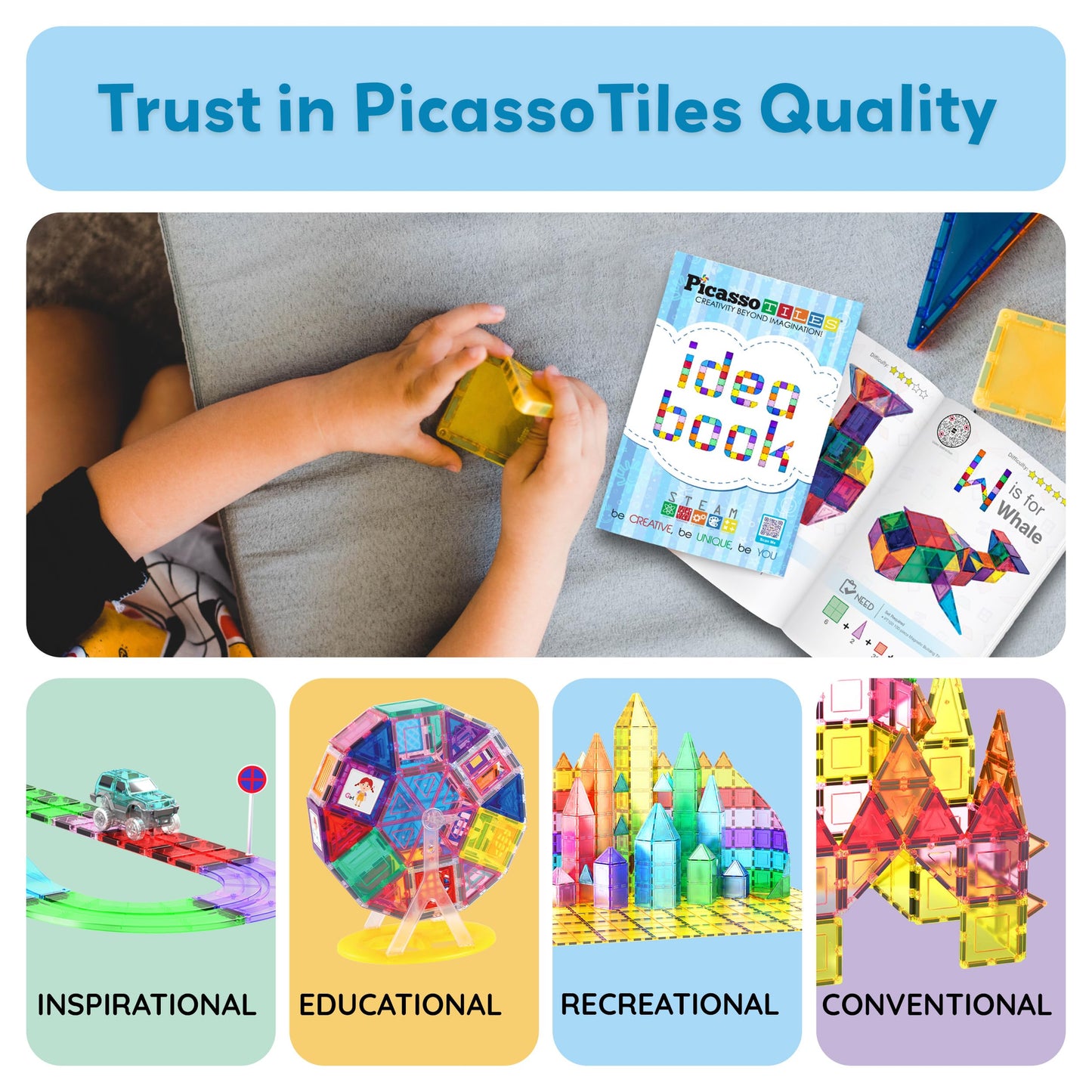 PicassoTiles Magnetic Tile Building Idea Book – 230 Pages, 300+ Builds, STEM Design Guide | Ages 3+ | PTIDEABOOK