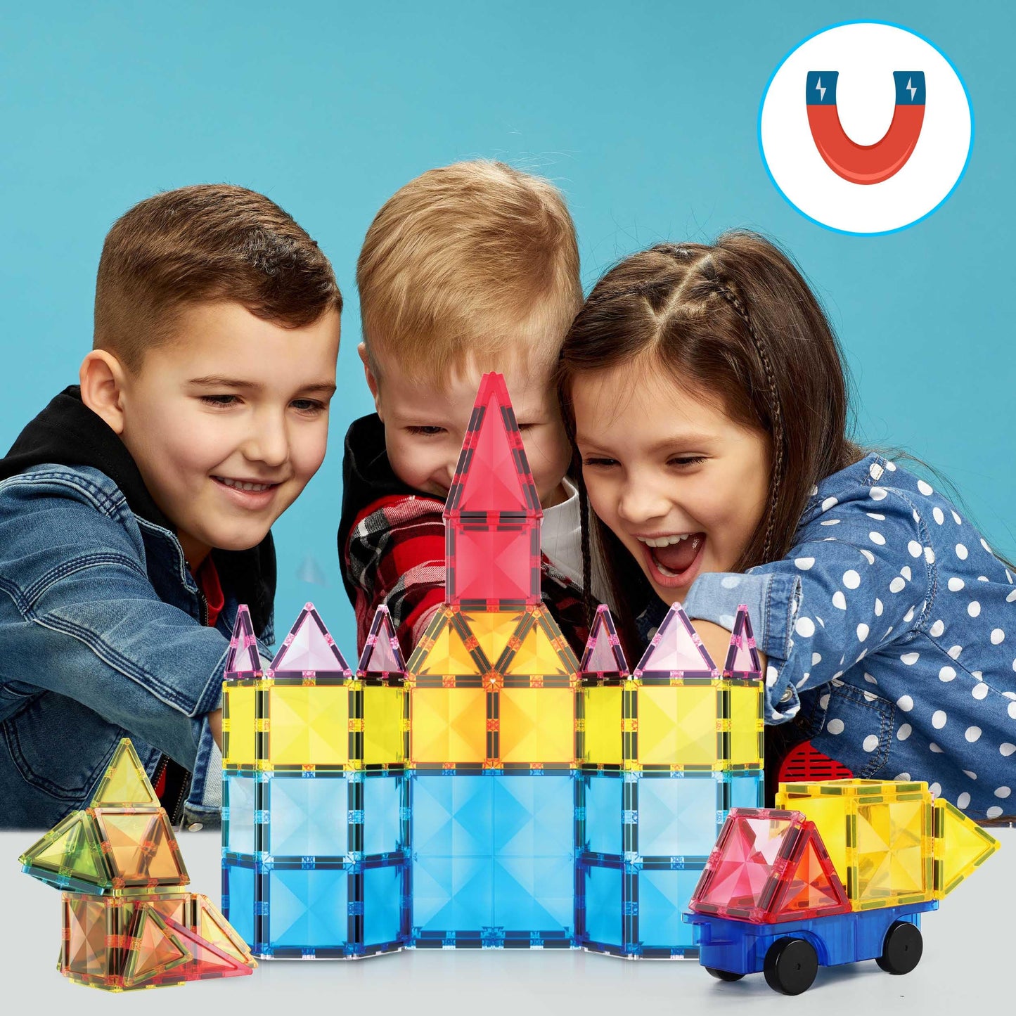 PicassoTiles 63-Piece Diamond Magnetic Tile Set with Car Truck – STEM Building Toy for Kids 3+