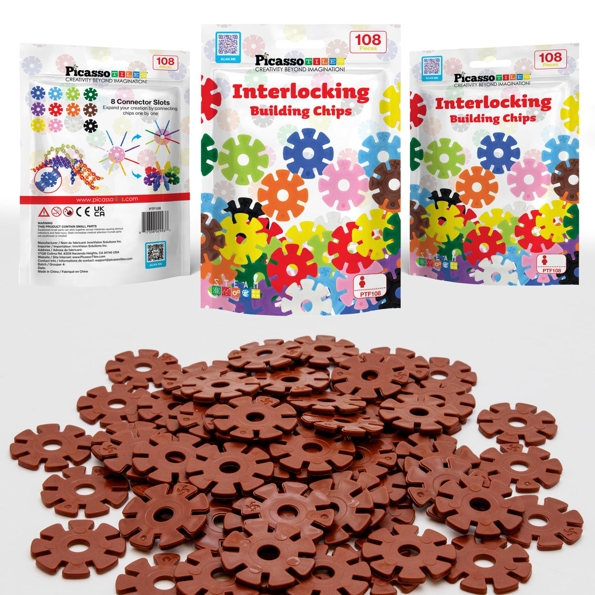 PicassoTiles Building Chip Interlocking Discs – Brown STEM Toy for Toddlers 3+ (PTF108)