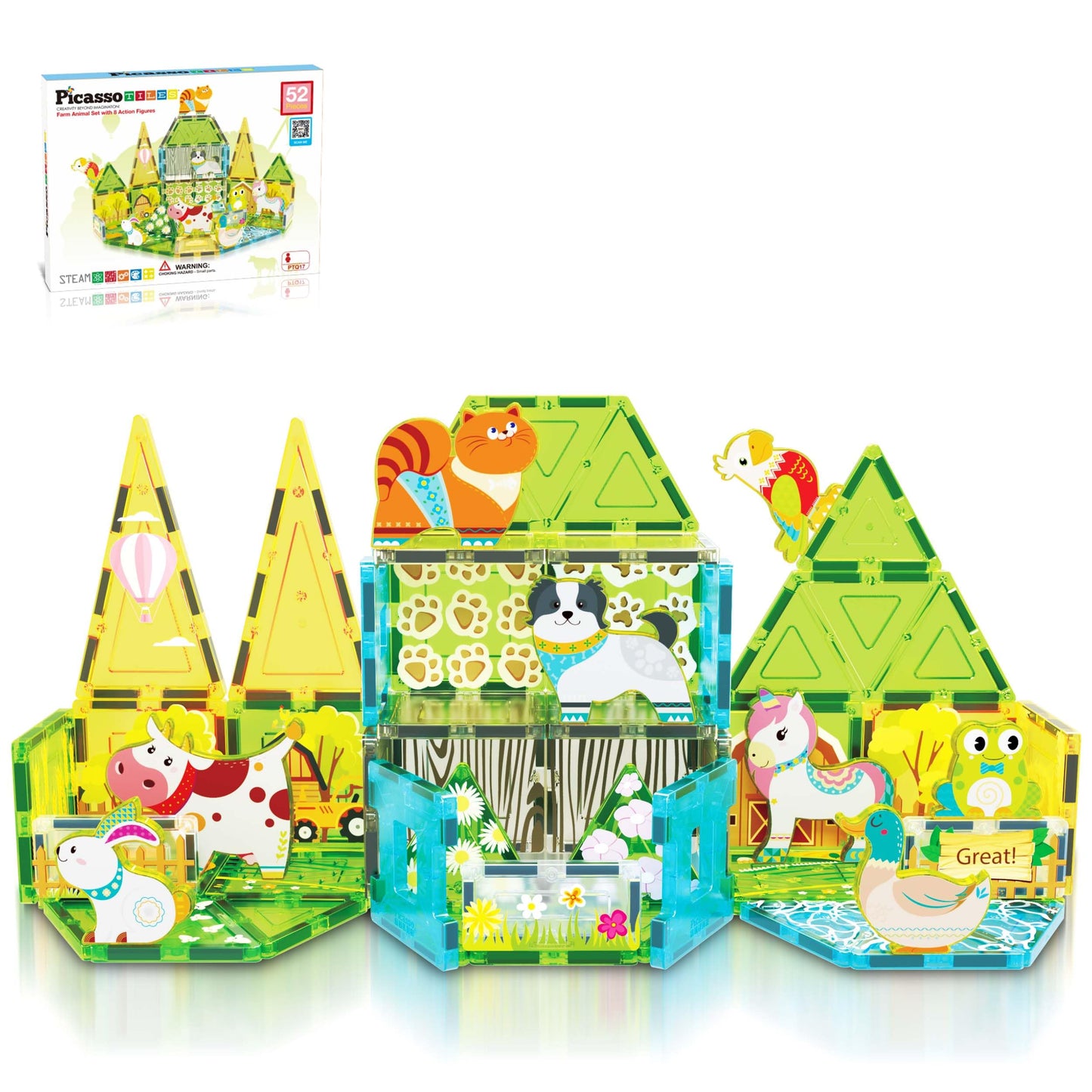 PicassoTiles Magnetic Farm Animal Playset – 52-Piece STEM Construction Toy for Kids 3+