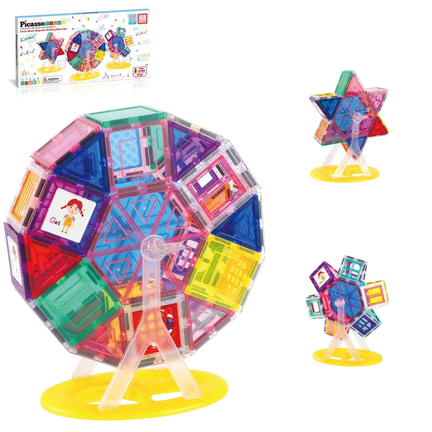 PicassoTiles Ferris Wheel Magnet Tile Set – 360° Rotating STEM Building Kit (Ages 3+)
