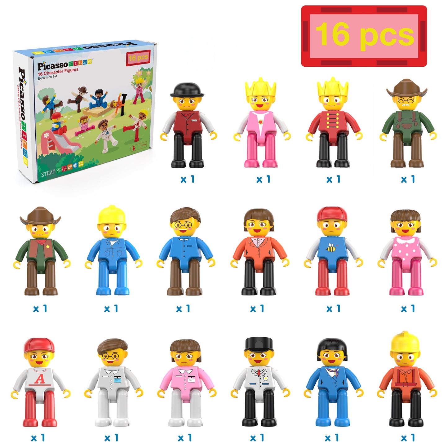 PicassoTiles 16pc Magnetic Character Figures Expansion Set – Toddler-Style Characters for Magnetic Tile Building