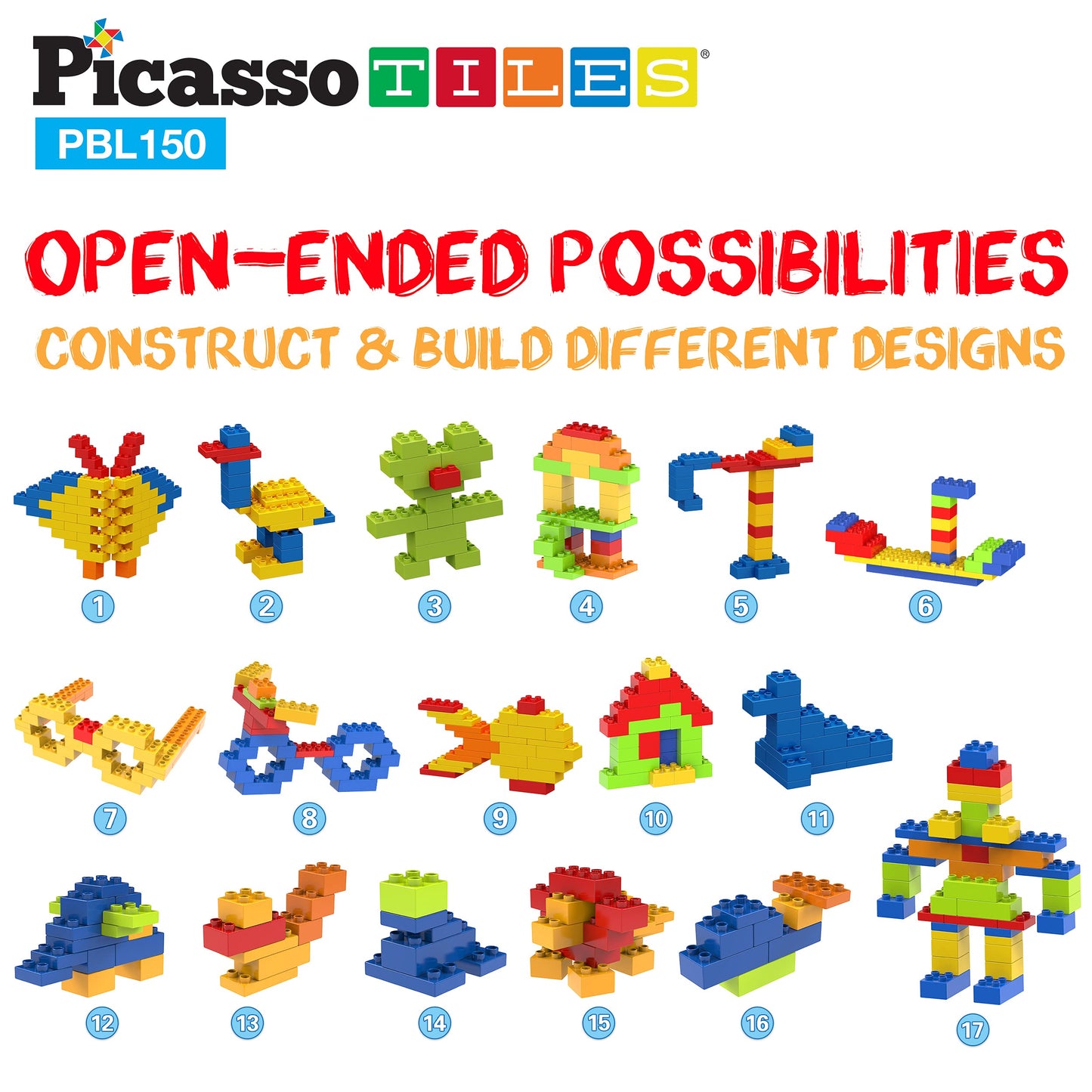 PicassoTiles 150-Piece Large Construction Brick Set | Creative STEM Play for Kids 3+