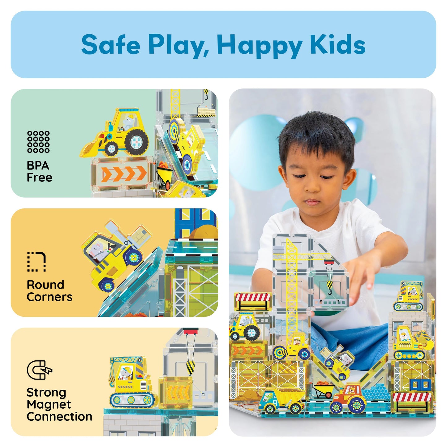 PicassoTiles Magnet Tiles: 8 Construction Vehicles STEM Building Set