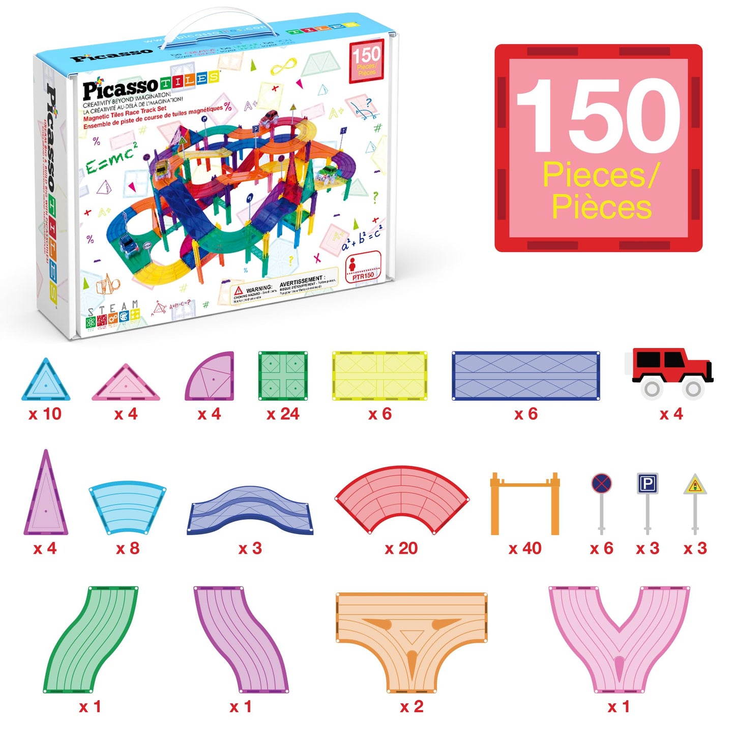 PicassoTiles 150-Piece Race Car Track Magnetic Tile STEM Toy Set with 4 Cars