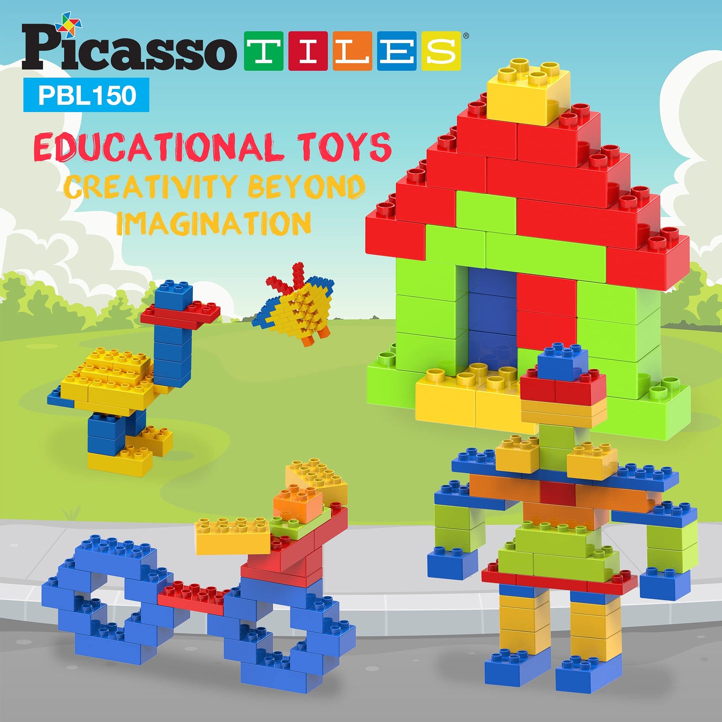 PicassoTiles 150-Piece Large Construction Brick Set | Creative STEM Play for Kids 3+