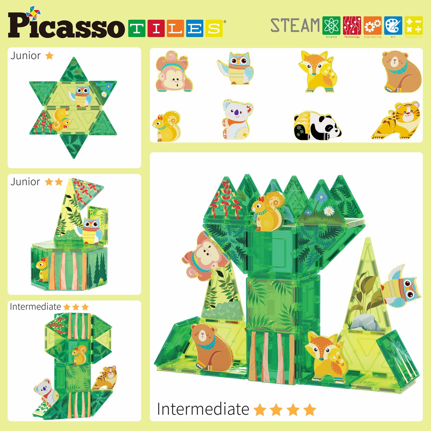 PicassoTiles Forest Animal Magnet Tile Set with 8 Figures – STEM Learning Toy PTQ16