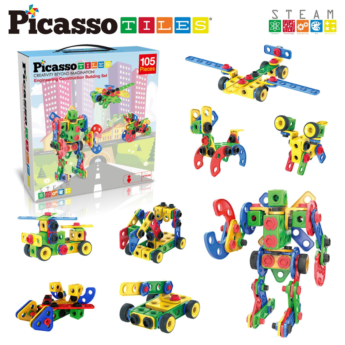 PicassoTiles 105-Piece STEM Building Set for Kids 3+ | Construction Kit with Idea Book & Power Drill